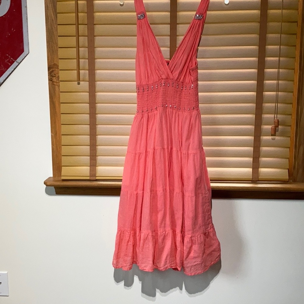 Medium Cotton, coral/peach sundress with silver accents, A line, gently worn.